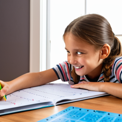 **A supportive parent helping their child with homework at a brightly lit desk. The child looks frustrated but the parent is smiling and pointing encouragingly at a math problem. Educational apps and colorful learning tools are scattered around the desk.** (This prompt is based on the "mauvaises notes en mathématiques" section and aims to visualize a supportive learning environment at home.)
