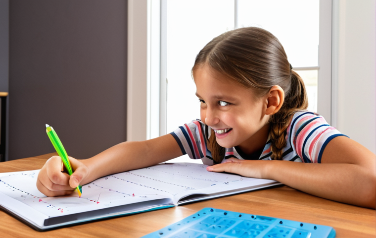 **A supportive parent helping their child with homework at a brightly lit desk. The child looks frustrated but the parent is smiling and pointing encouragingly at a math problem. Educational apps and colorful learning tools are scattered around the desk.** (This prompt is based on the "mauvaises notes en mathématiques" section and aims to visualize a supportive learning environment at home.)