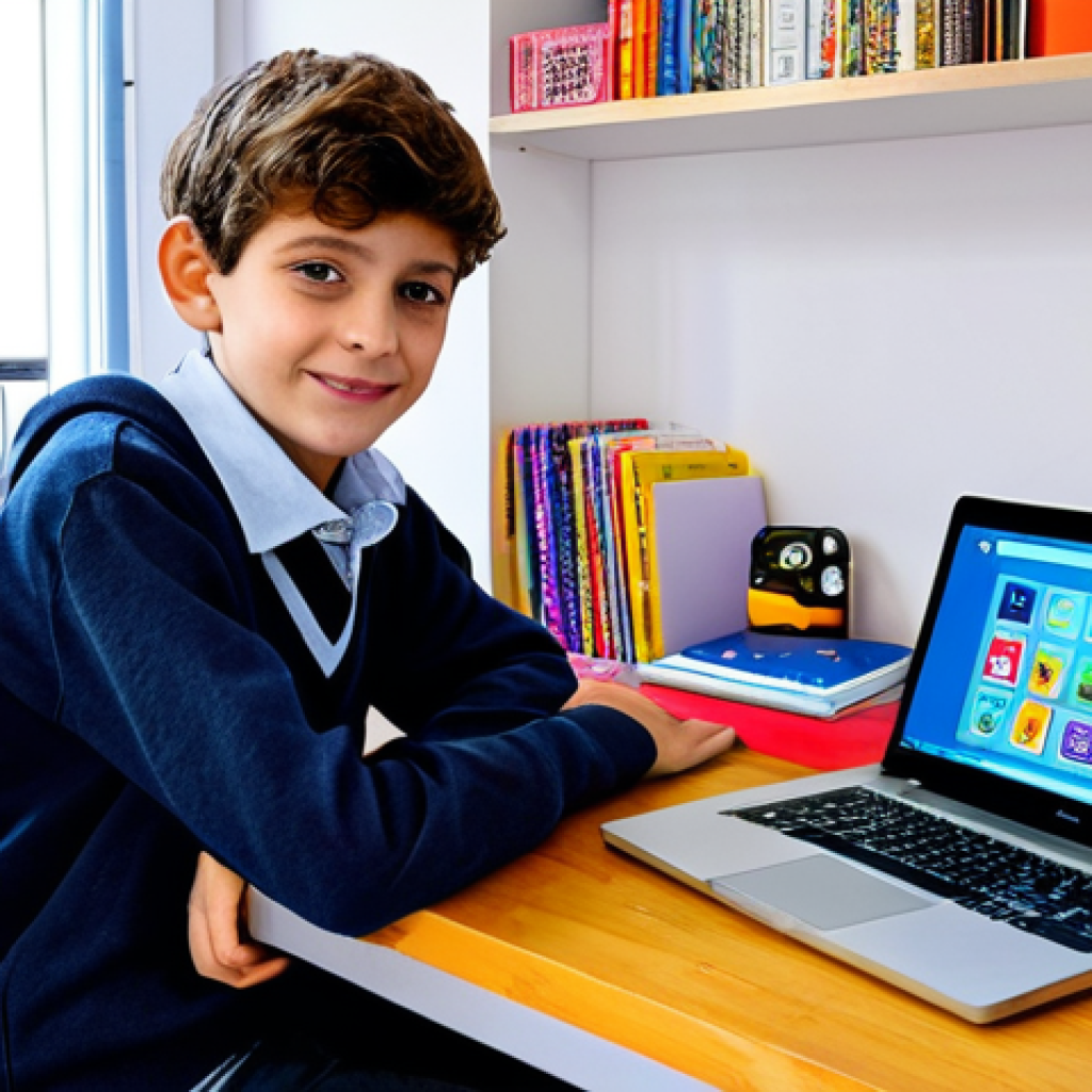 교육용 소프트웨어 - Modern Learning at Home**
"A young French student, fully clothed in casual but appropriate attire, ...