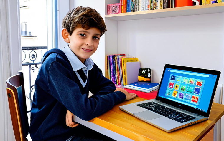 교육용 소프트웨어 - Modern Learning at Home**
"A young French student, fully clothed in casual but appropriate attire, ...