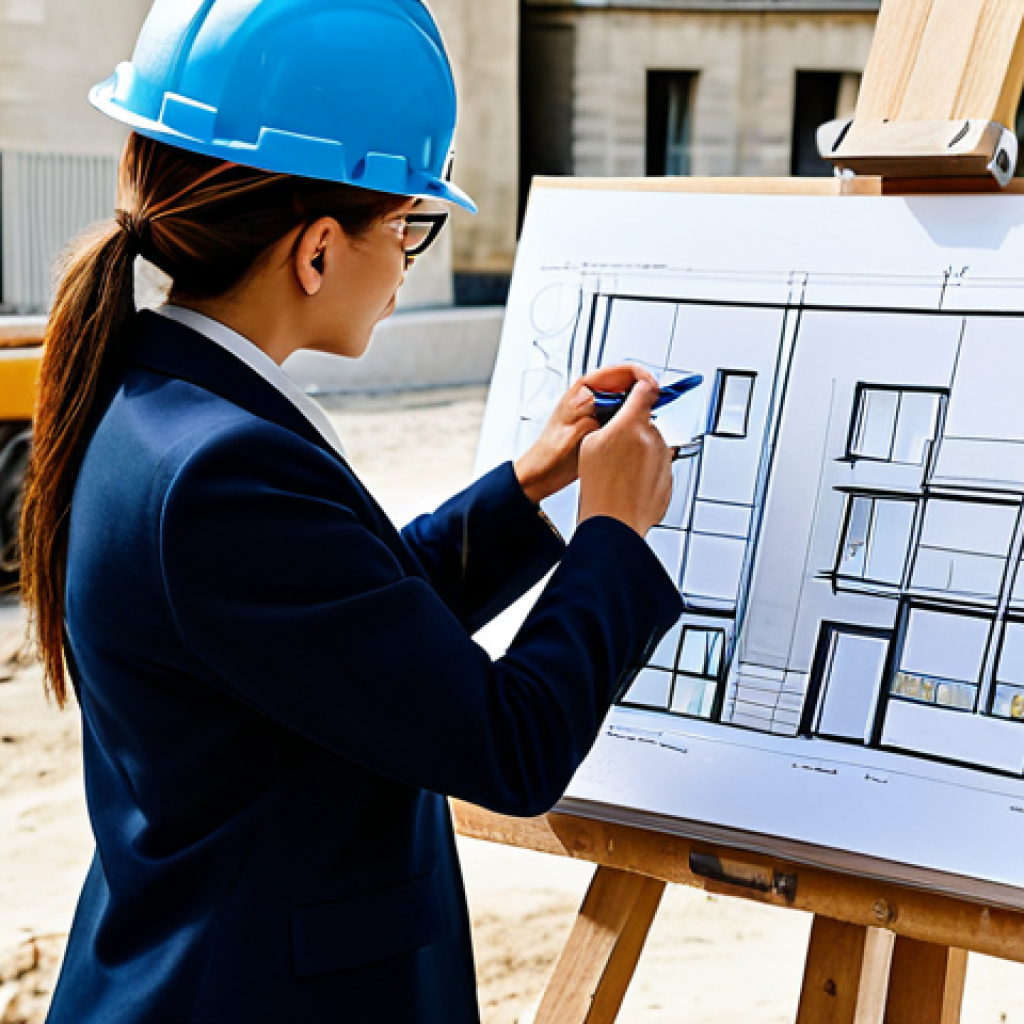 체육 교육과 건강 - **
"A professional female architect, fully clothed in a stylish but modest pantsuit, reviewing blue...