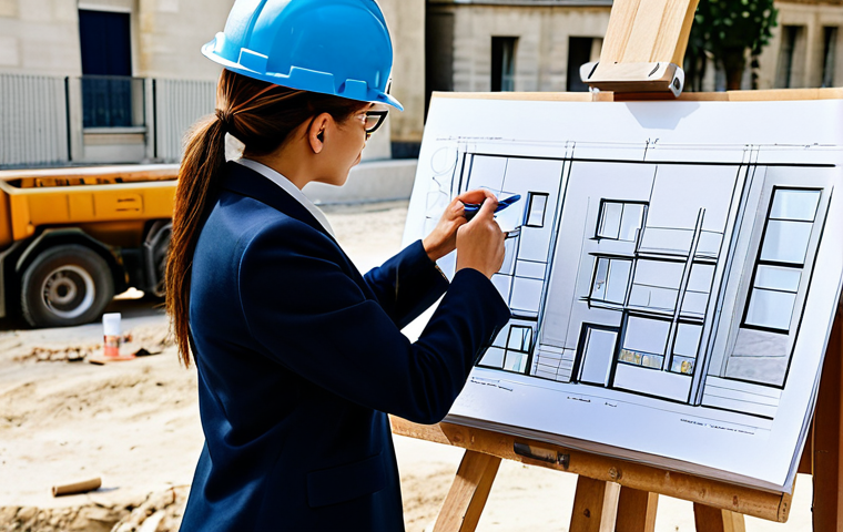 체육 교육과 건강 - **
"A professional female architect, fully clothed in a stylish but modest pantsuit, reviewing blue...