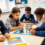 국제 교육 비교 연구 - **Prompt 1: Active Learning in a Collaborative Classroom**
"A brightly lit, modern classroom fil...