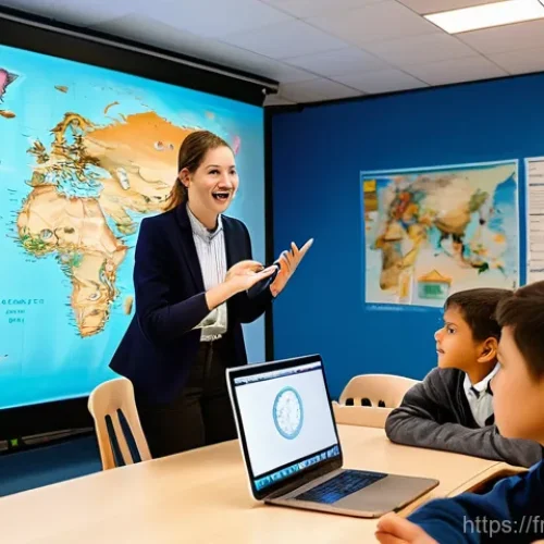 Home 21 역사 교육과 다문화 - The room is brightly lit, showcasing an atmosphere of active learning and collaboration. In the fore...